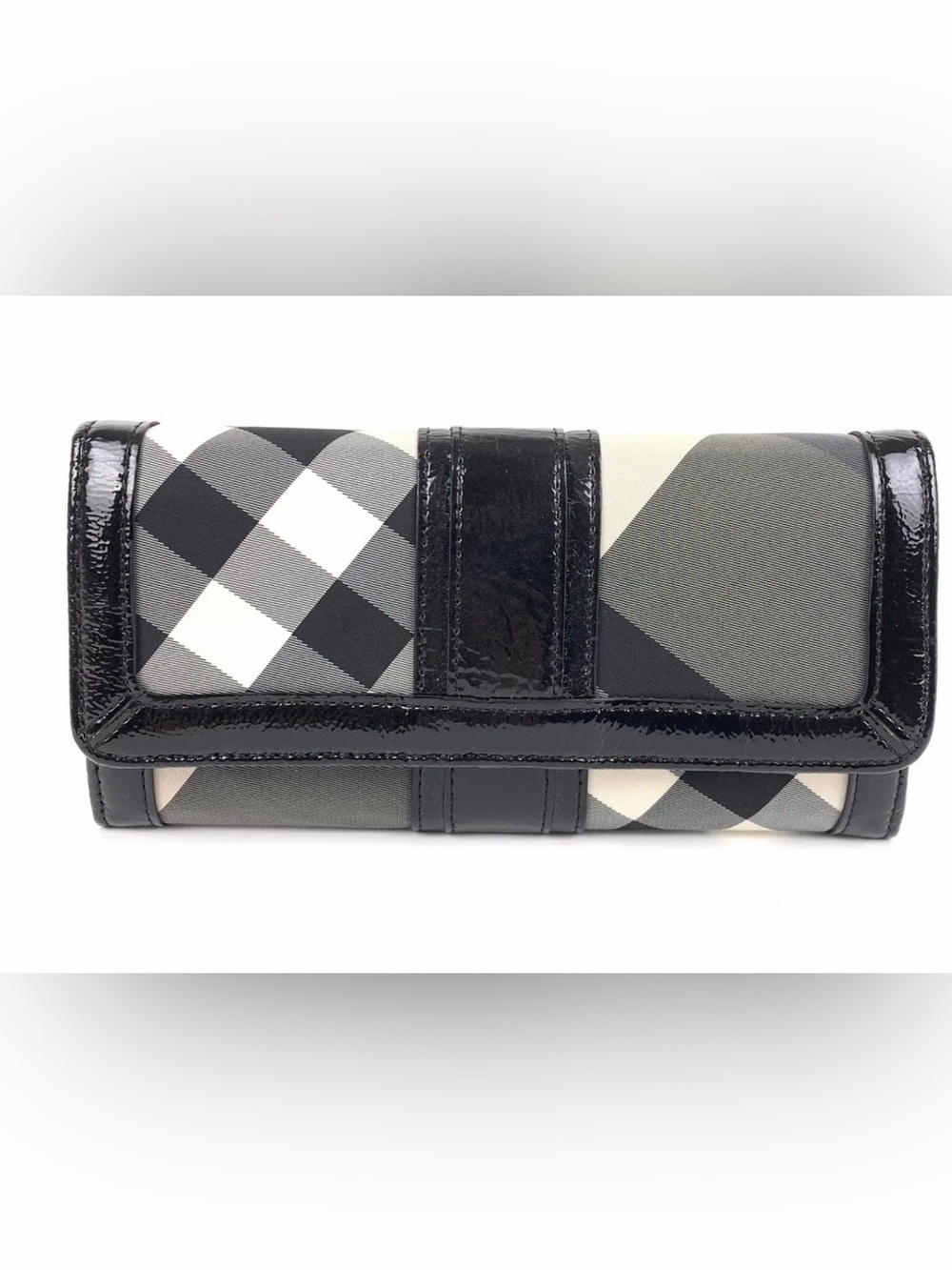 Burberry Black, Gray and White Check Continental Wallet